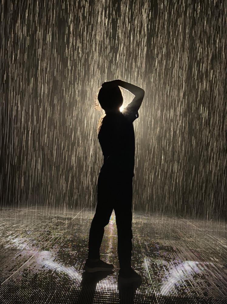 雨のアート空間で佇むシルエット
